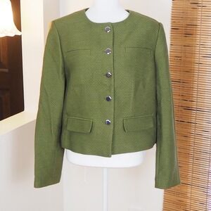 Olive Tweed Collarless Button Front Jacket Sz 14 Calvin Klein Blazer Chic Preppy